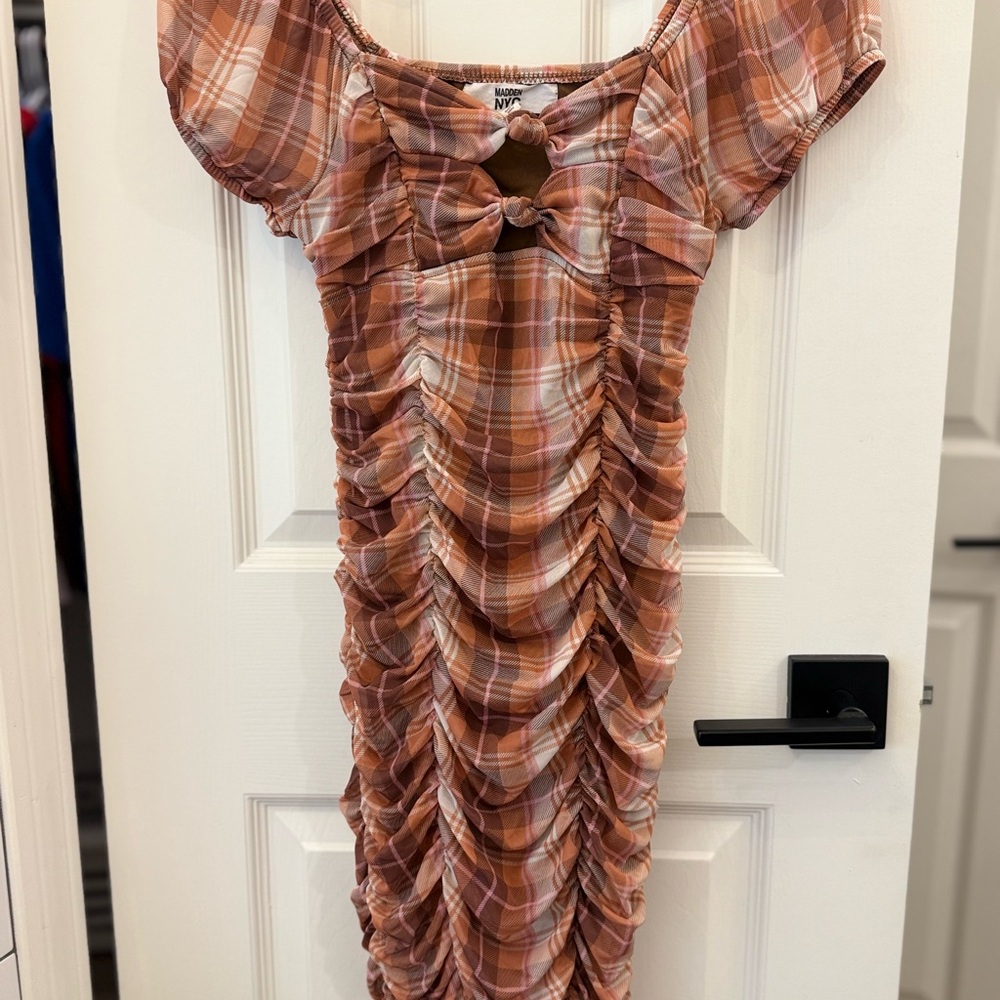Plaid Ruched Dress in Brown by Steve Madden NYC